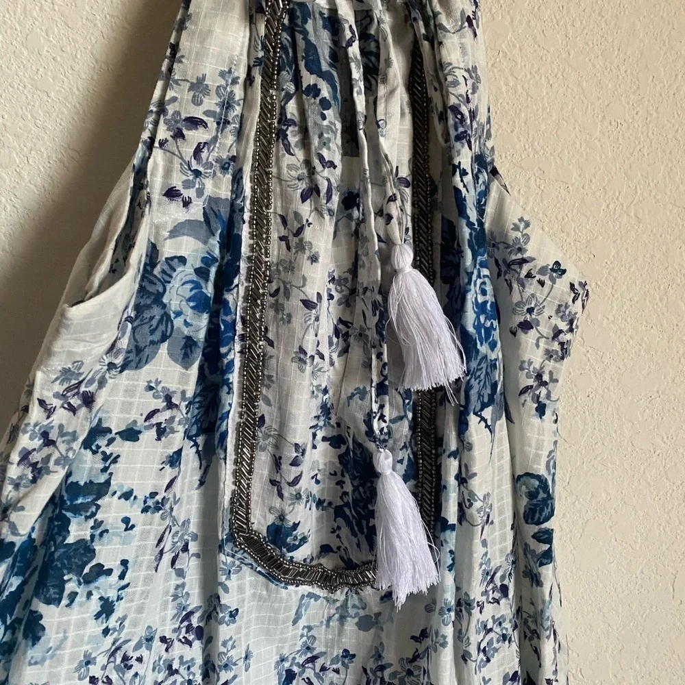 MIRA PIERINA FLORAL SILVER EMBROIDERY TASSEL TIE SHORT BOHO BEACH DRESS SIZE M